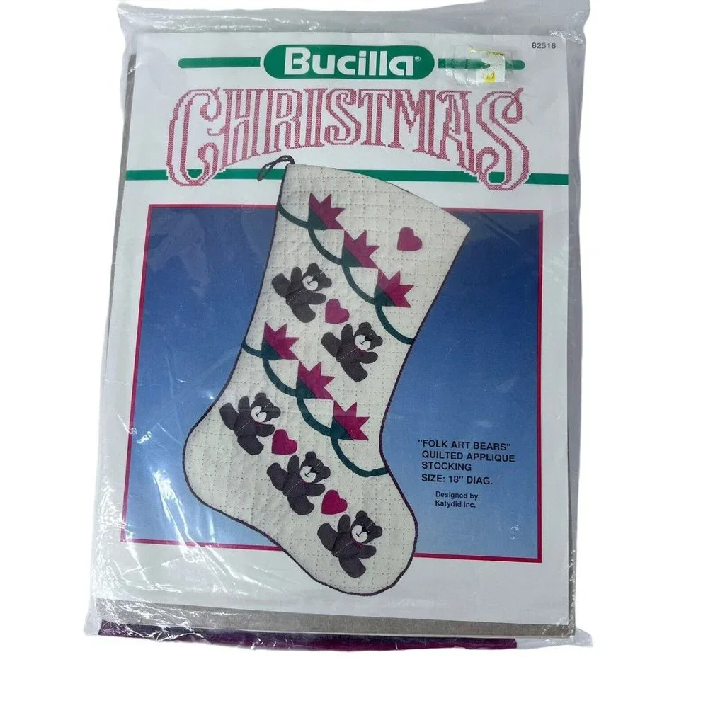 Bucilla Folk Art Bears Quilted Christmas Stocking Kit Appliqué 18” 82516 Teddy